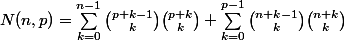 N(n,p)=\sum_{k=0}^{n-1}\binom{p+k-1}{k}\binom{p+k}{k}+\sum_{k=0}^{p-1}\binom{n+k-1}{k}\binom{n+k}{k}